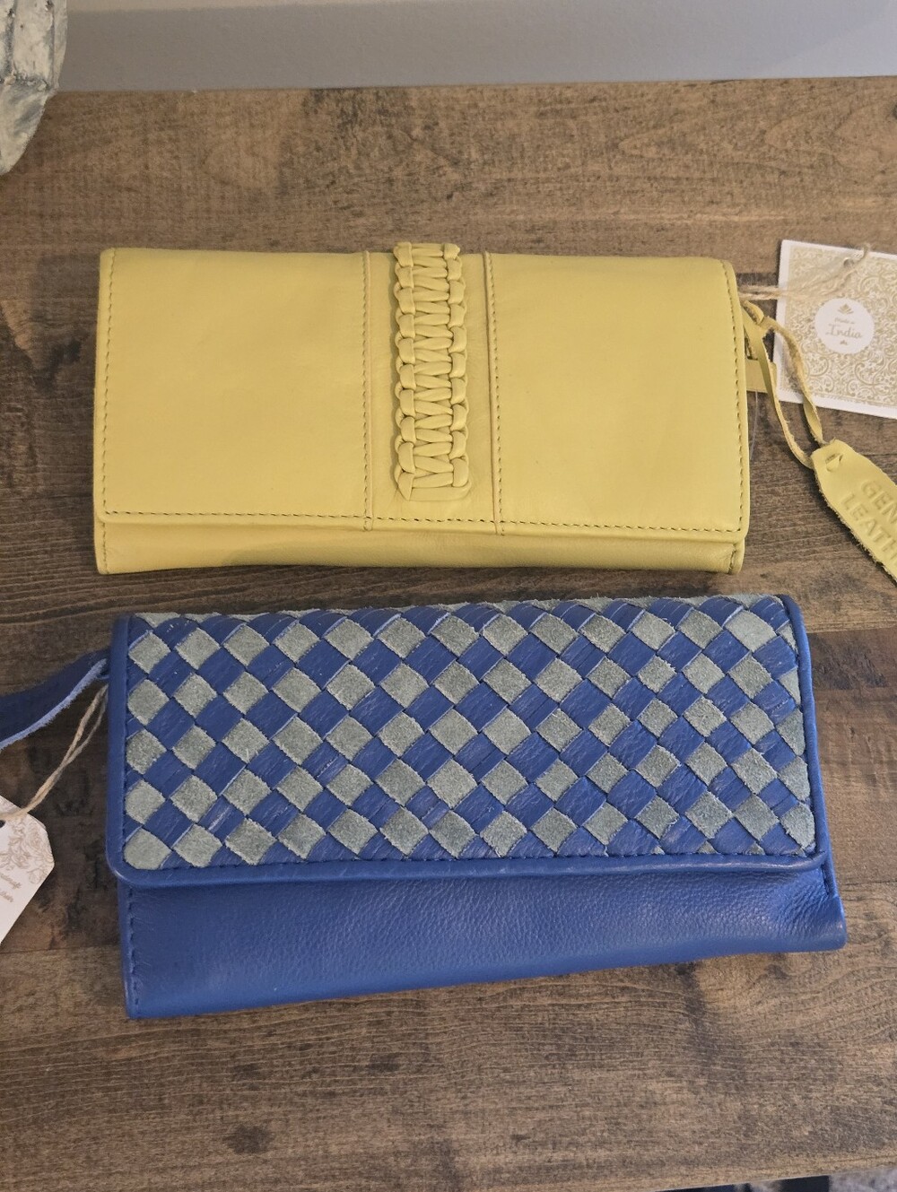 NWT Handcrafted in India Woven Leather Zip Wallet Yellow & Blue (2 Lot Bundle)